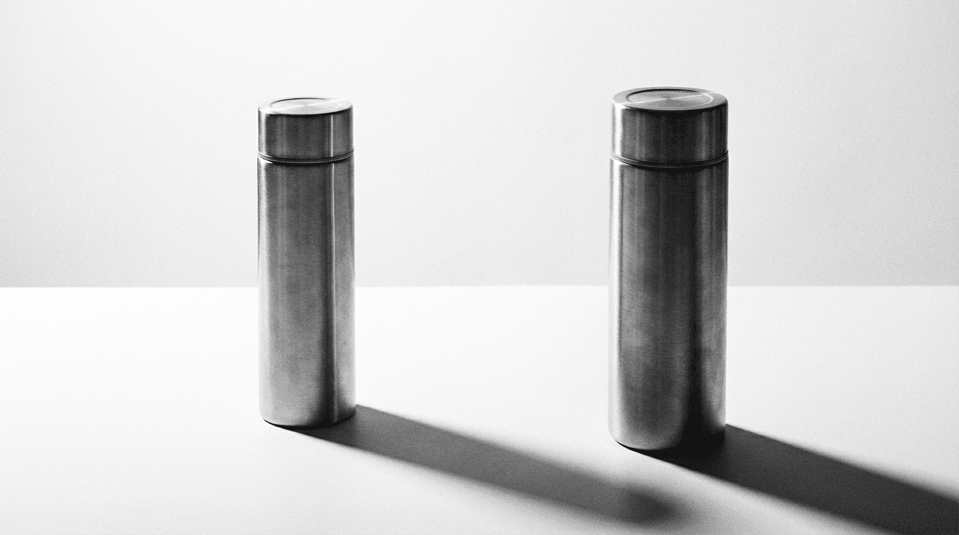 Chinese thermos with long shadow on white surface