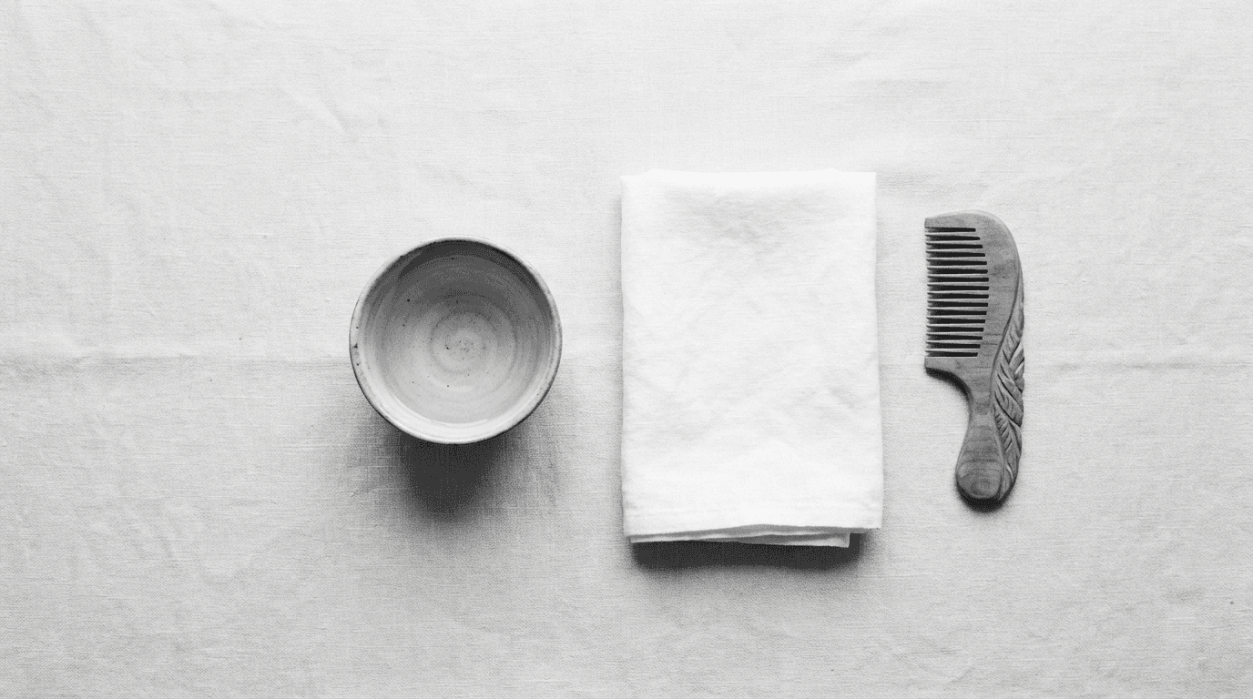 Chinese morning ritual objects: ceramic bowl, towel, and wooden comb